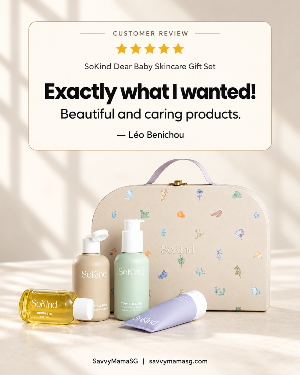 SoKind Dear Baby skincare gift set with four products inside an open patterned carry case