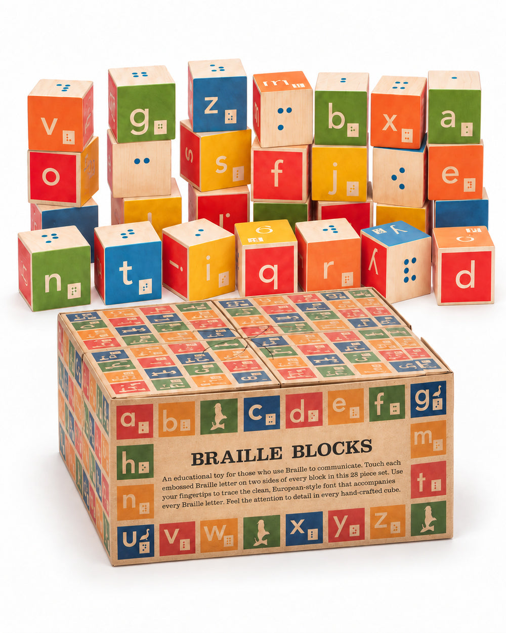 Uncle Goose Braille alphabet wooden blocks displayed behind their product box