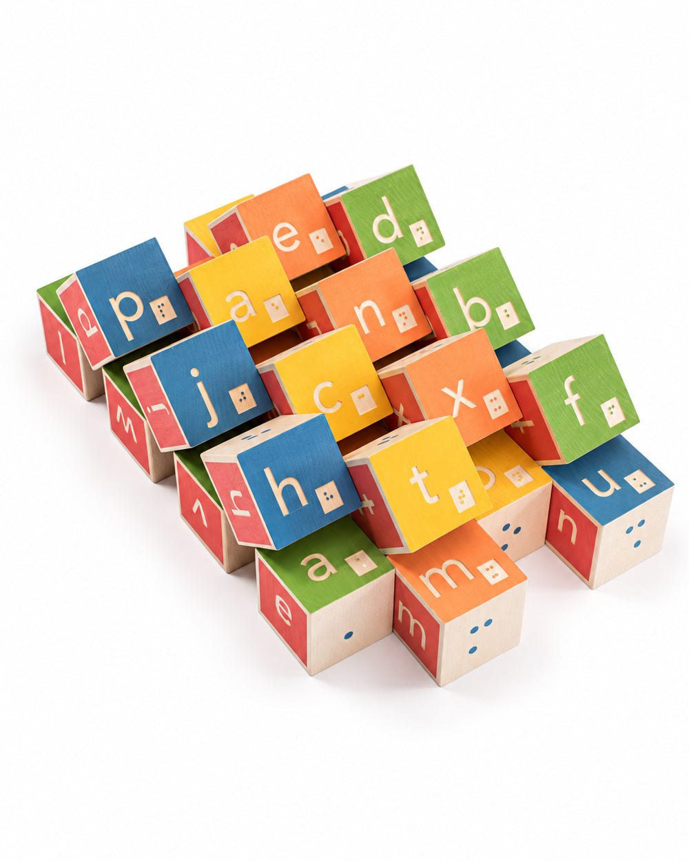 Colourful Uncle Goose Braille alphabet wooden blocks arranged in towers against 