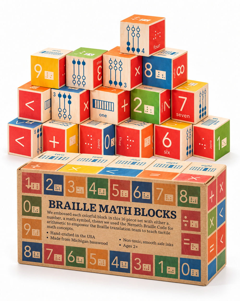 Colourful Uncle Goose Braille Math wooden blocks stacked beside their product box