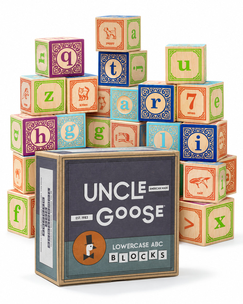 Uncle Goose Classic Lowercase ABC wooden blocks stacked behind their branded box