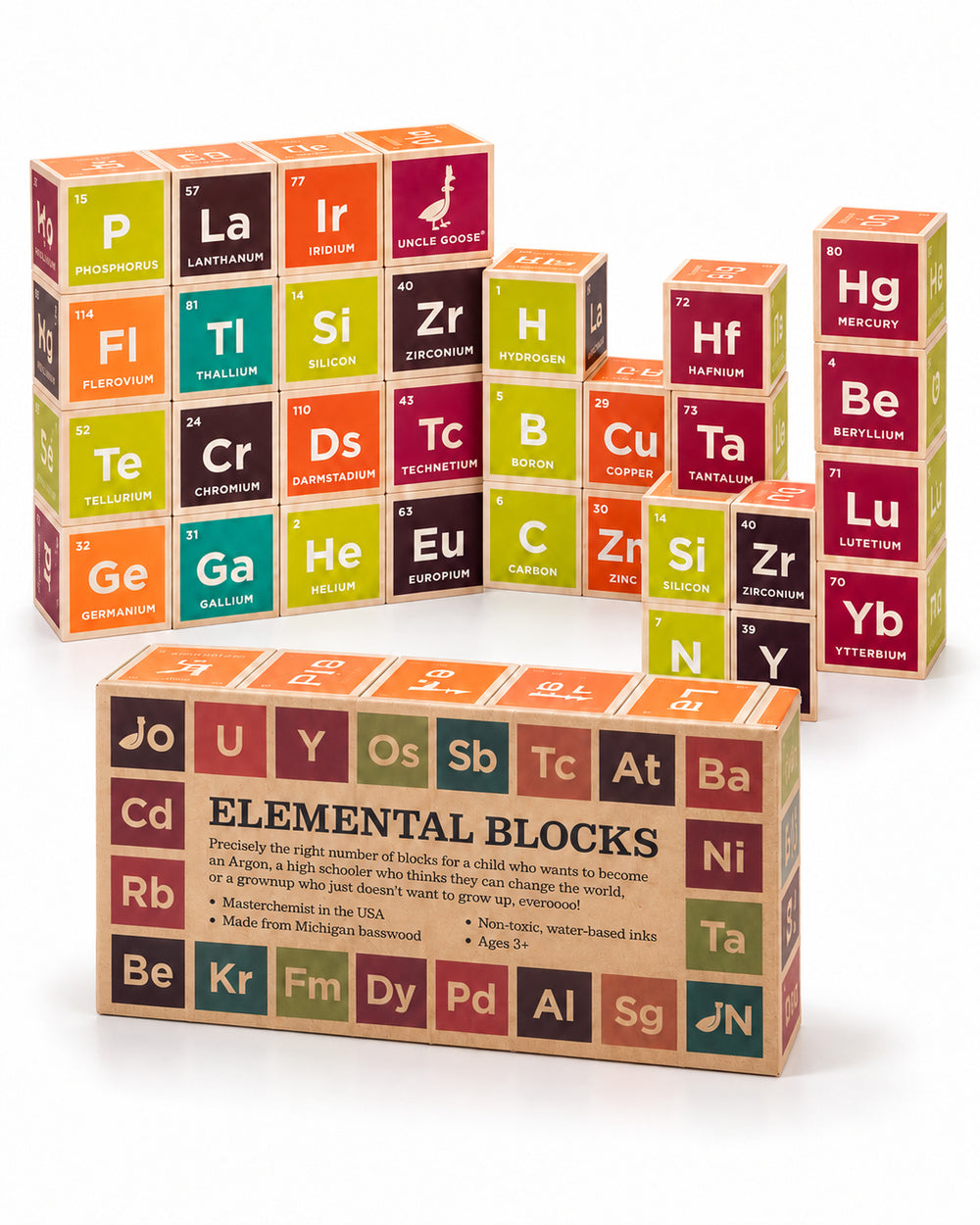 Uncle Goose Elemental periodic table wooden blocks stacked behind their product box