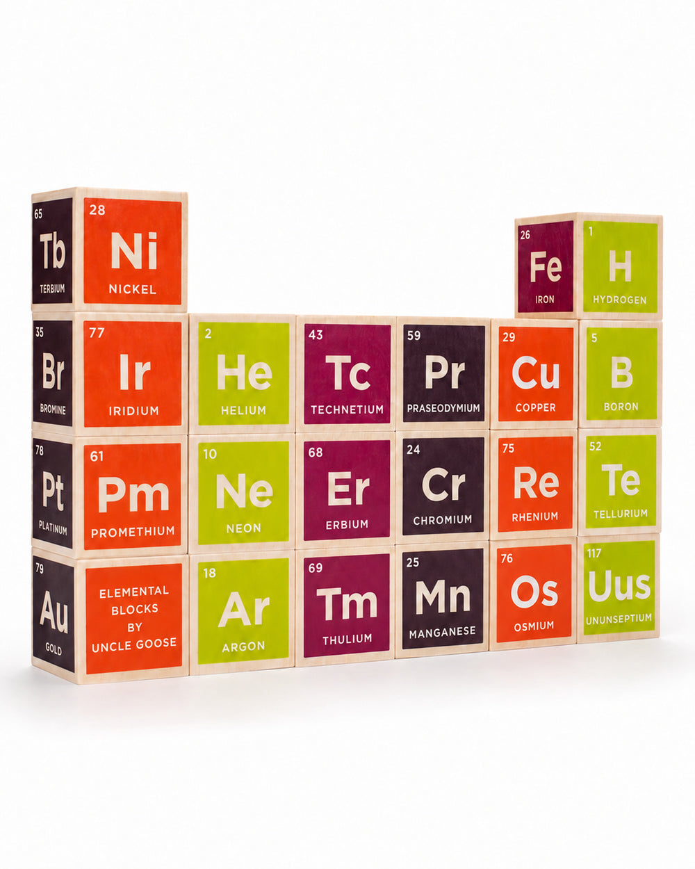 Stacked Uncle Goose Elemental wooden blocks displaying chemical element symbols, names and atomic numbers