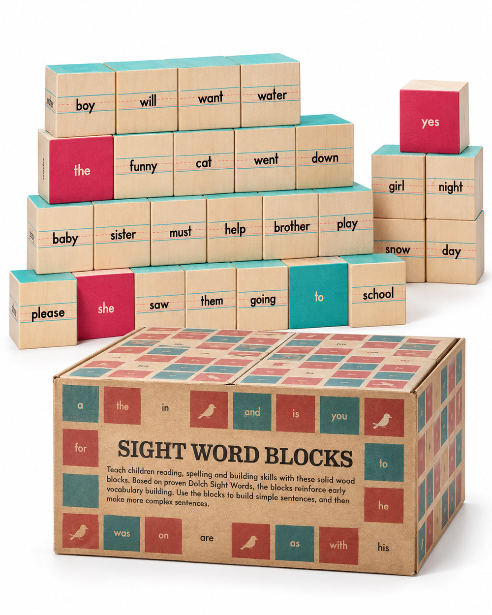 Uncle Goose Sight Word wooden blocks arranged in steps behind their product box